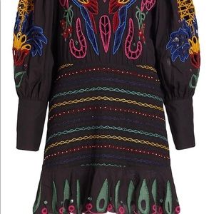 Farm Rio Navy Tropical Topestry Embroidered Smocked mini dress size S